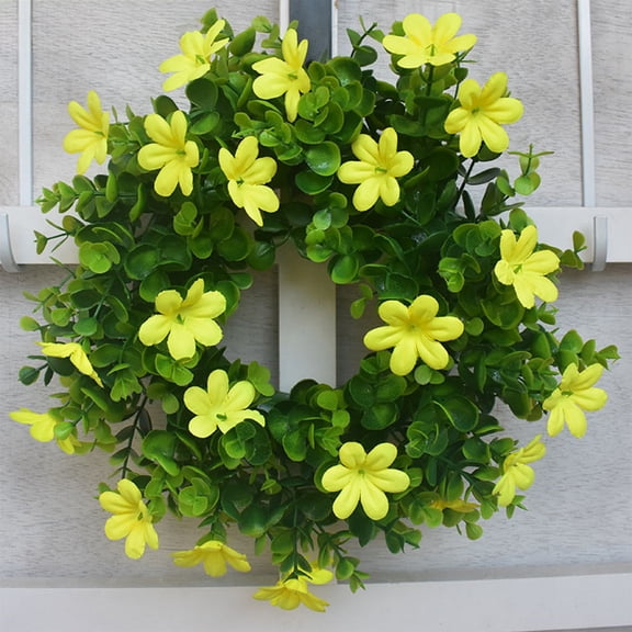 Bcylexb 12" Spring Themed Artificial Grass and Eucalyptus Wreath, Small Floral Door Decoration Garland for Indoor and Outdoor Home Decor, Yellow