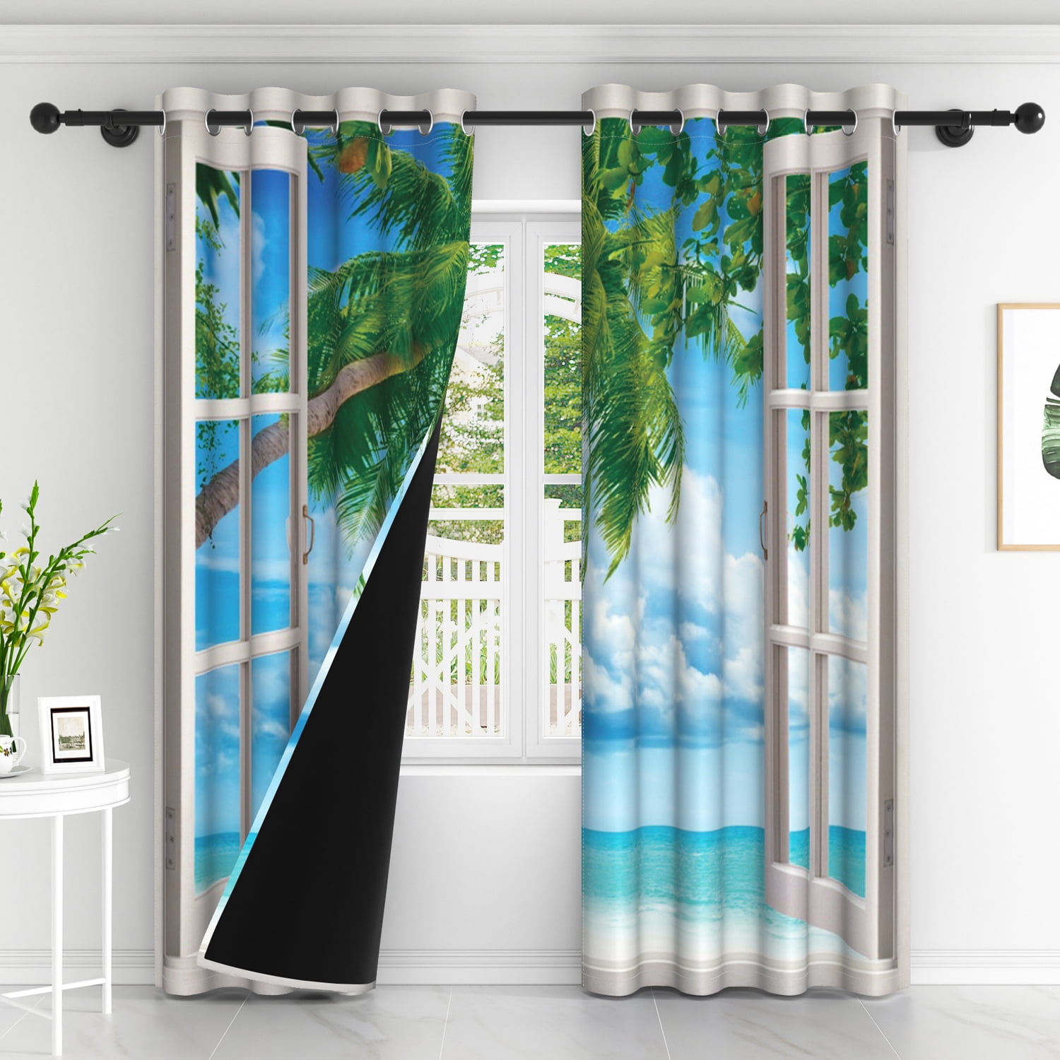 Summer Ocean Beach Blackout Curtains, Room Darkening Grommet Curtains, White Window View, 52"x96", 2 Panel