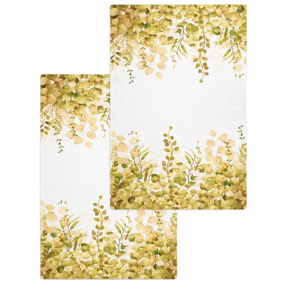 Yellow Eucalyptus Leaves Kitchen Dish Towels for Drying Dishes Set of 2, Spring Floral Summer Botanical Waffle Weave Microfiber Hand Tea Bathroom Towels Quick Dry & Absorbent Towel 15.7x23.6