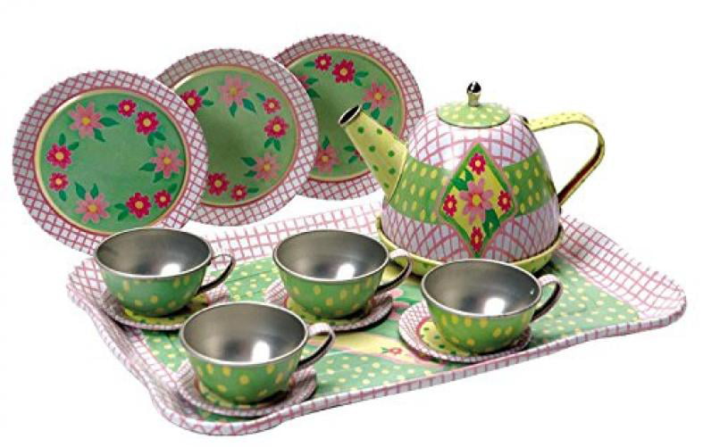 Schylling Floral Tin Tea Set with Fun Express Polyester Tea Party Hat and Gloves