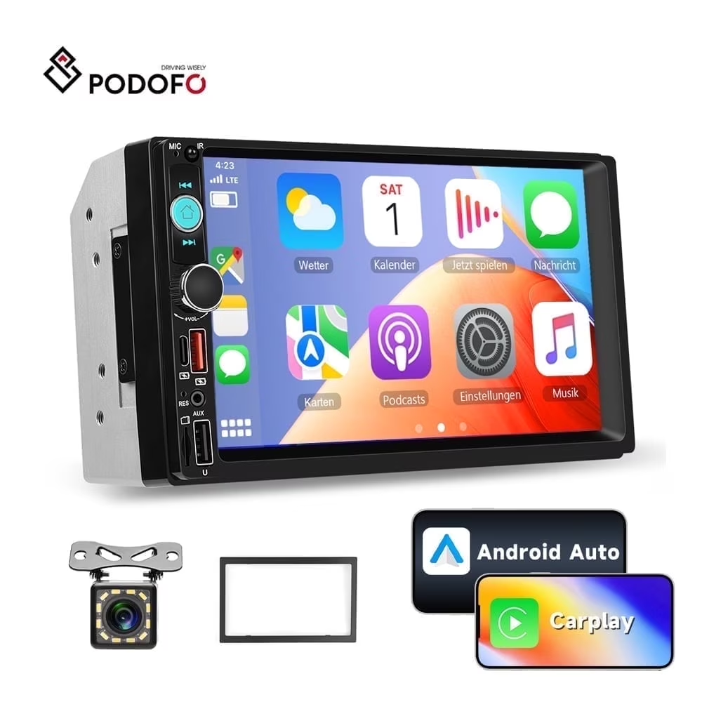 Podofo Double Din Car Stereo Radio 7 in Touch Screen with Wireless CarPlay&Android Auto Mirror Link EQ Backup Camera