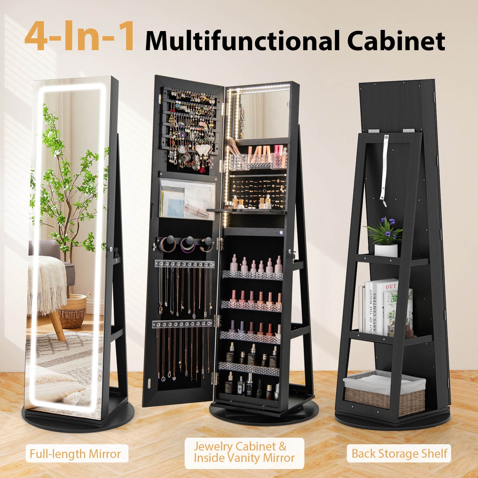 Costway 360° Swivel Jewelry Cabinet Organizer 3-Color LED Mirror with Built-in Lights Black