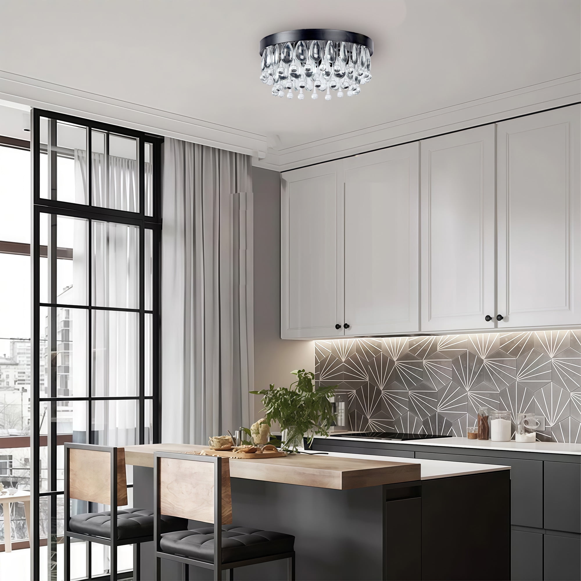 Mordern Matte Black Semi Flush Mount, 15 Inch Crystal Droplets Flush Mount Light, Unique Elegant Metal Close to Ceiling Light for Lving Room, Dining Room, Bedroom