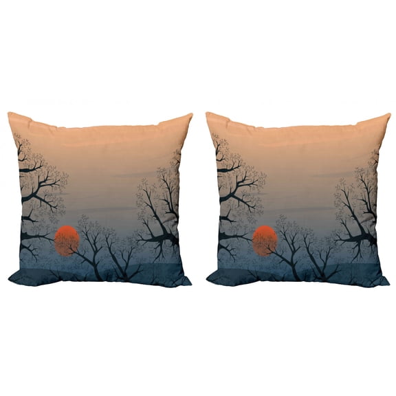 Ambesonne Tree Throw Pillow Cover 2 Pack, Sunrise Branches Misty Sky, 18", Slate Blue Orange Peach