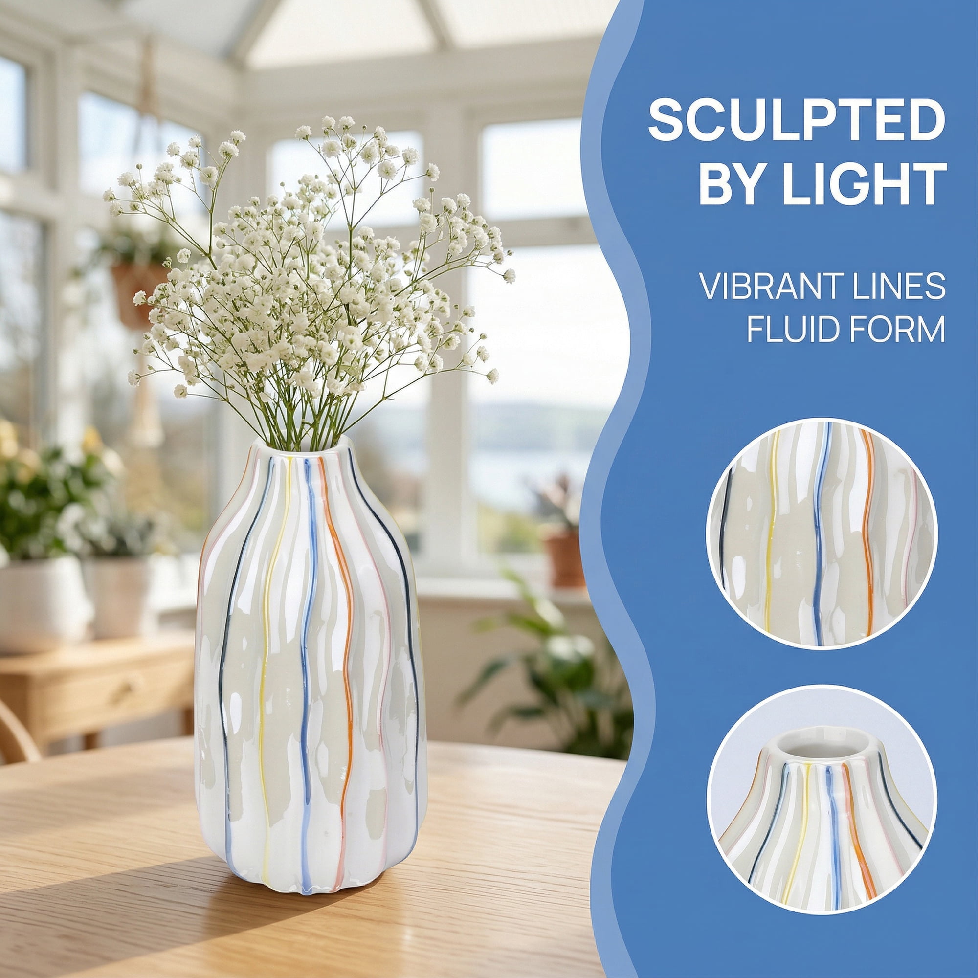 Unique Bargains Modern Ceramic Aesthetic Ribbed Flower Vase Rainbow 3.6"L x 3.6"W x 6.8"H