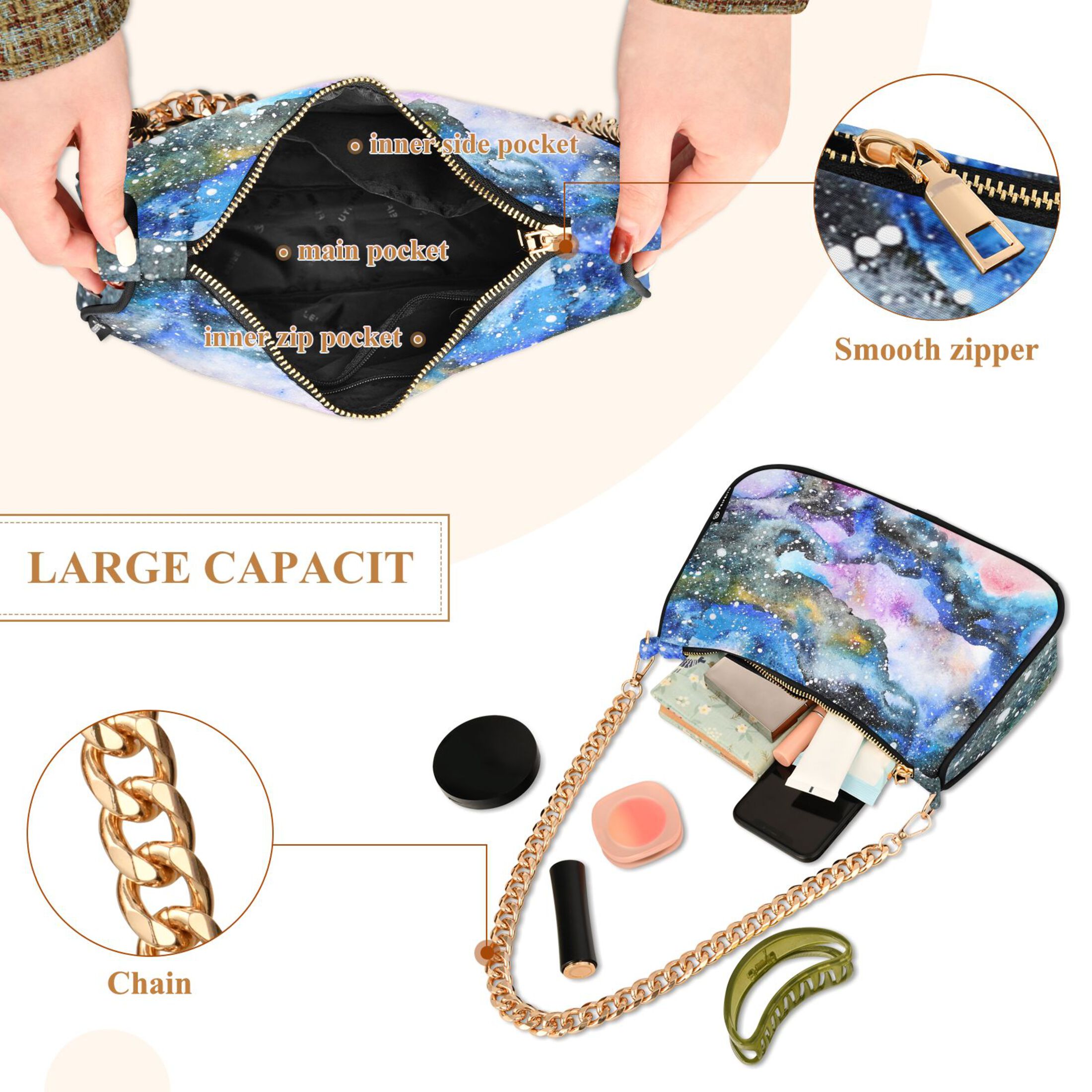 Colorful Marble Pattern Womens Chain Shoulder Bag Tote Handbag Clutch Hobo Purse with Zipper for Travel Casual