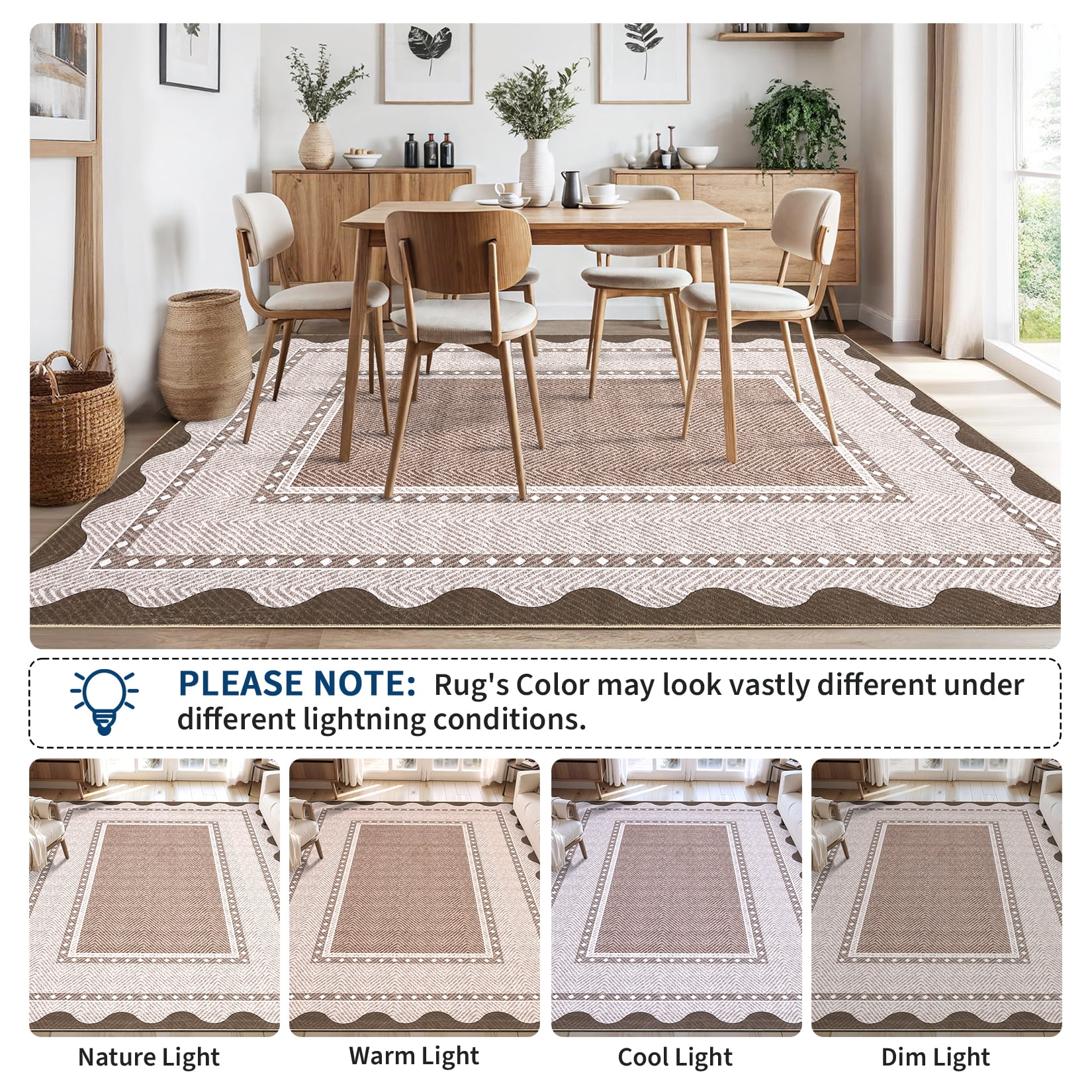 HIWEAVER Tan 9' x 12' Washable Scalloped Bordered Pattern Area Rug for Living Room Indoor Throw Carpet ​Modern Non-Slip Foldable Floor Cover for Dorm Home Decor