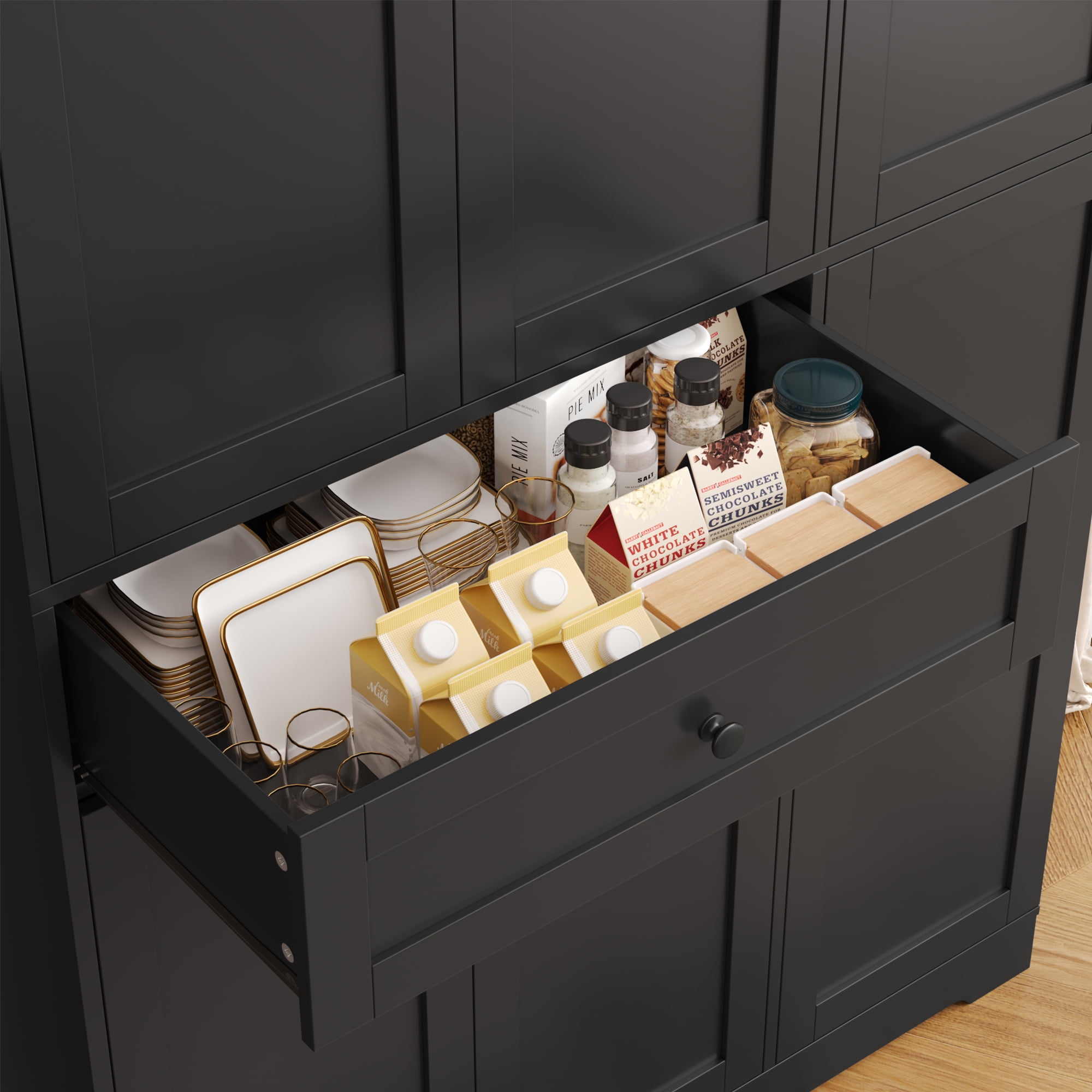 Homfa Kitchen Pantry Storage Cabinet, 68" Food Pantry Cabinet with Drawer and Door Shelf, 6 Door Freestanding Cupboard Buffet for Dining Room, Black