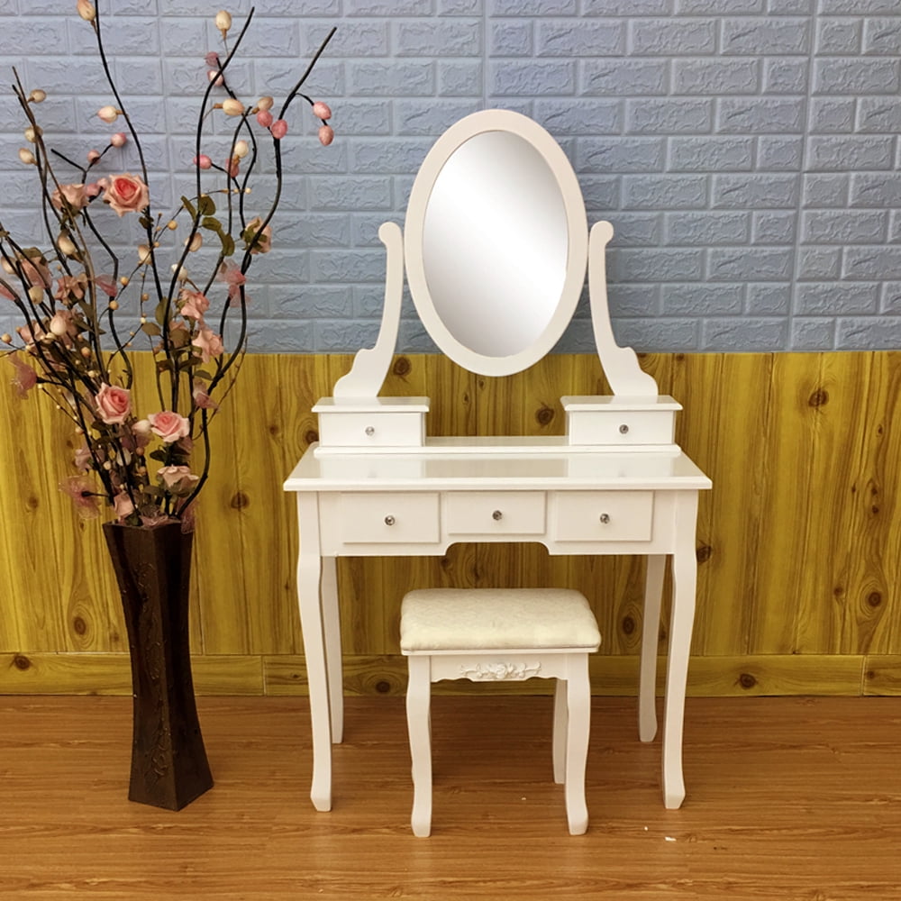 Lowestbest Vanity Table Set, Dresser Table with 360°Rotation Single Mirror 5 Drawers, White Lowestbest Vanity Table Set, Dresser Table with 360°Rotation Single Mirror 5 Drawers, White