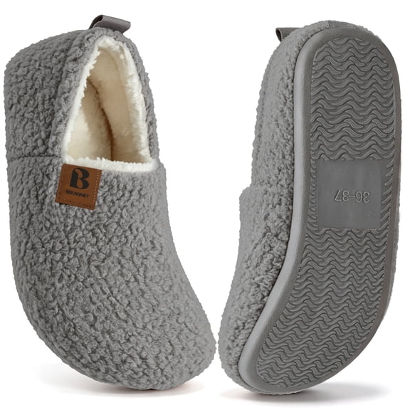 BERANMEY Soft Memory Foam Slippers for Women and Men, Fuzzy Curly Fur House Slippers with Non-Slip Rubber Sole, Cozy Indoor Closed Back Home Shoes for Family