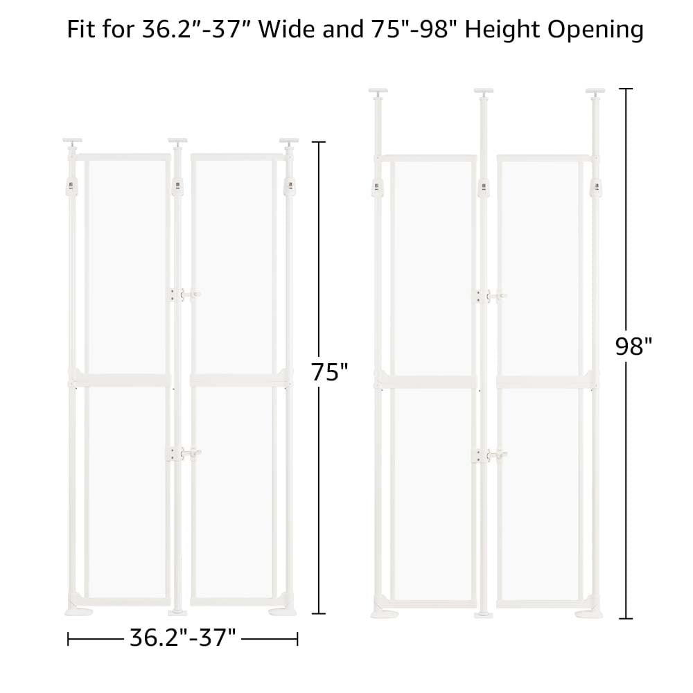 unipaws Clear Acrylic Cat Safety Gate, 75"-98" Height and 36.2"-37" Wdie Adjustable, Auto Closing and No Drilling Plus Stable 3 Support Pillars, White