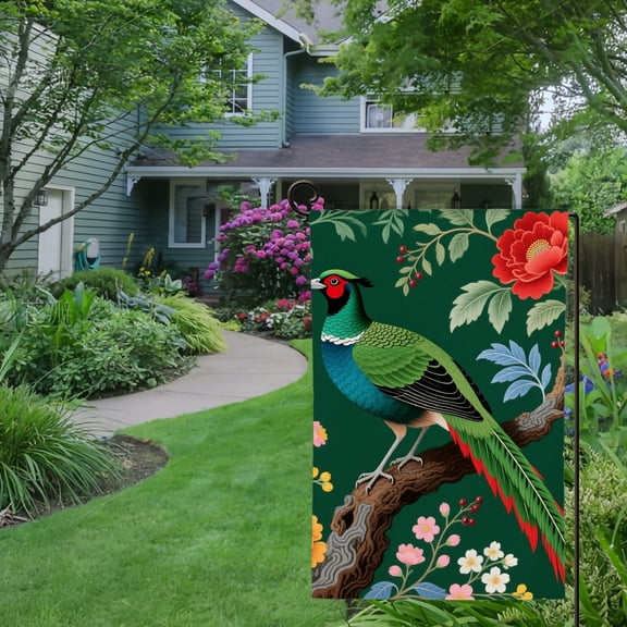 Spring Summer Garden Flag Double Sided Green Chinoiserie Bird Flower Welcome Yard House Outside Outdoor Decoration,12*18 inch
