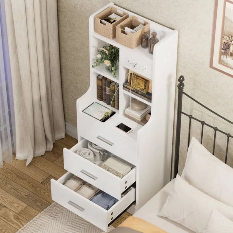 HIFYOBRO 24" Tall White End Table With Charging Station - Adjustable Shelf, Farmhouse Nightstand