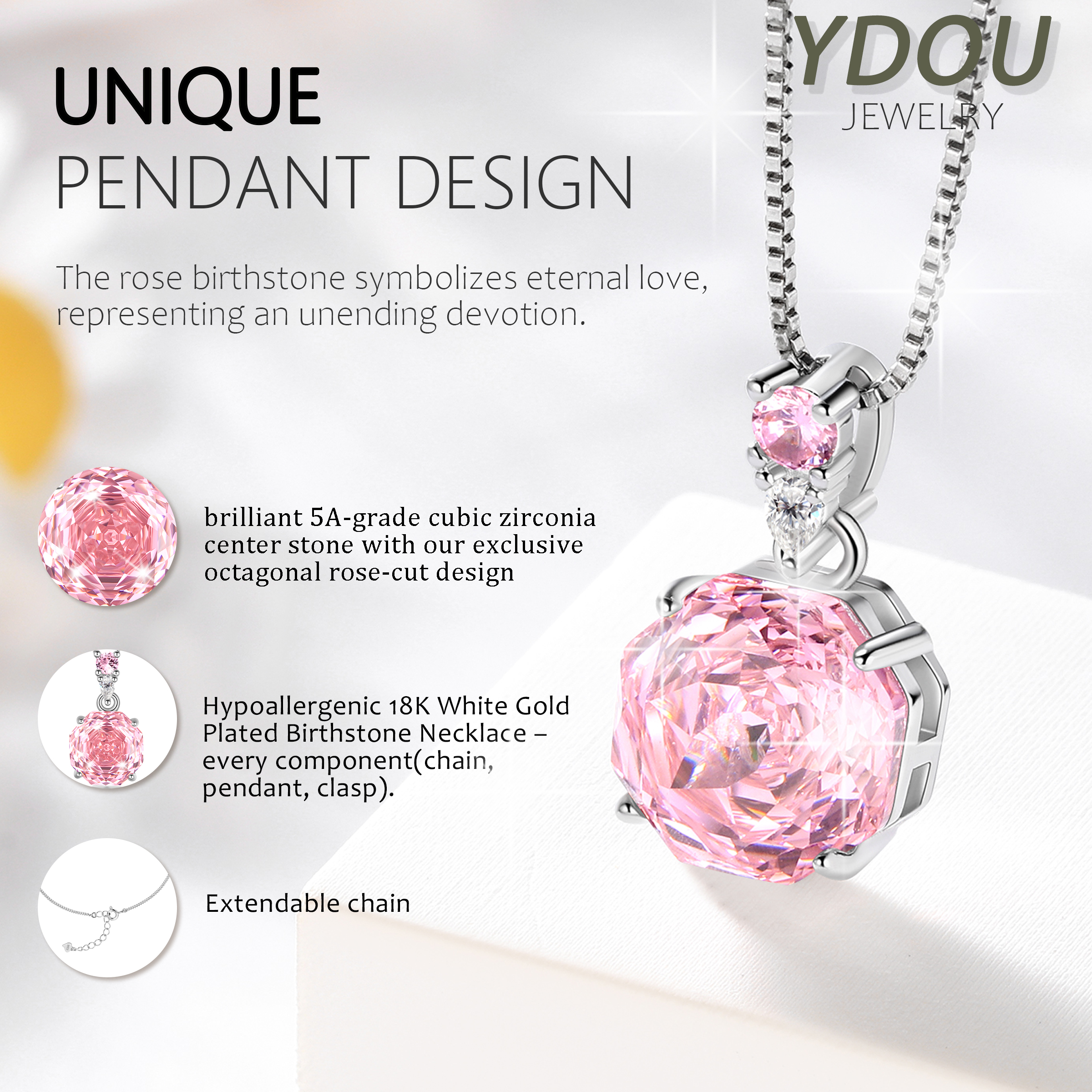 Ydou Rose Jewelry Set - 18K White Gold Plated Rose Cut Cubic Zirconia Flower Necklace/Earrings/Ring Set Anniversary Birthday Jewelry Gift for Women