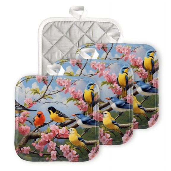 Bahomeck Pot Holder 4Pcs,Group Of Colorful Birds Perched On The Branches Square Heat Resistant Hot Pads For Kitchen Cooking Oven With Hanging Loop Potholder Easy To Store