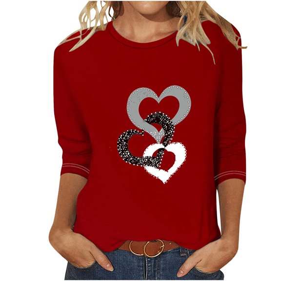 yillto Womens Valentine's Day Shirts Heart Graphic 3/4 Sleeve Crewneck Tunic Tops Cute Basic Tee S-5XL