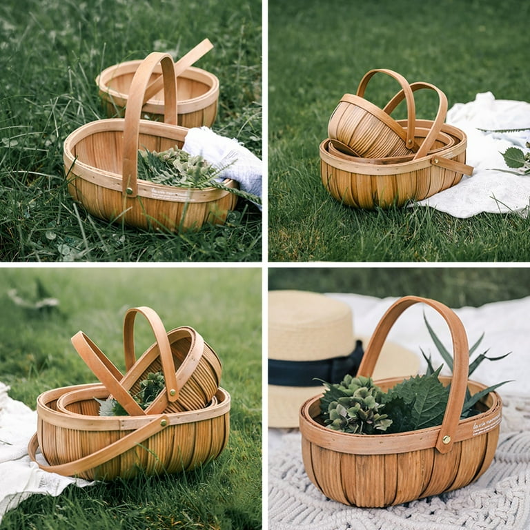 Flower Basket Fruit Basket Picnic Handheld Basket Kitchen Storage Basket Handmade Wooden Basket Sundries Organization Basket Fruits Snacks Food Basket
