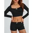 thumbnail image 5 of Lnzyyephy Women Pajama Set, Long Sleeve Bow Crop Top with Low Waist Shorts Sleepwear Loungewear, 5 of 9