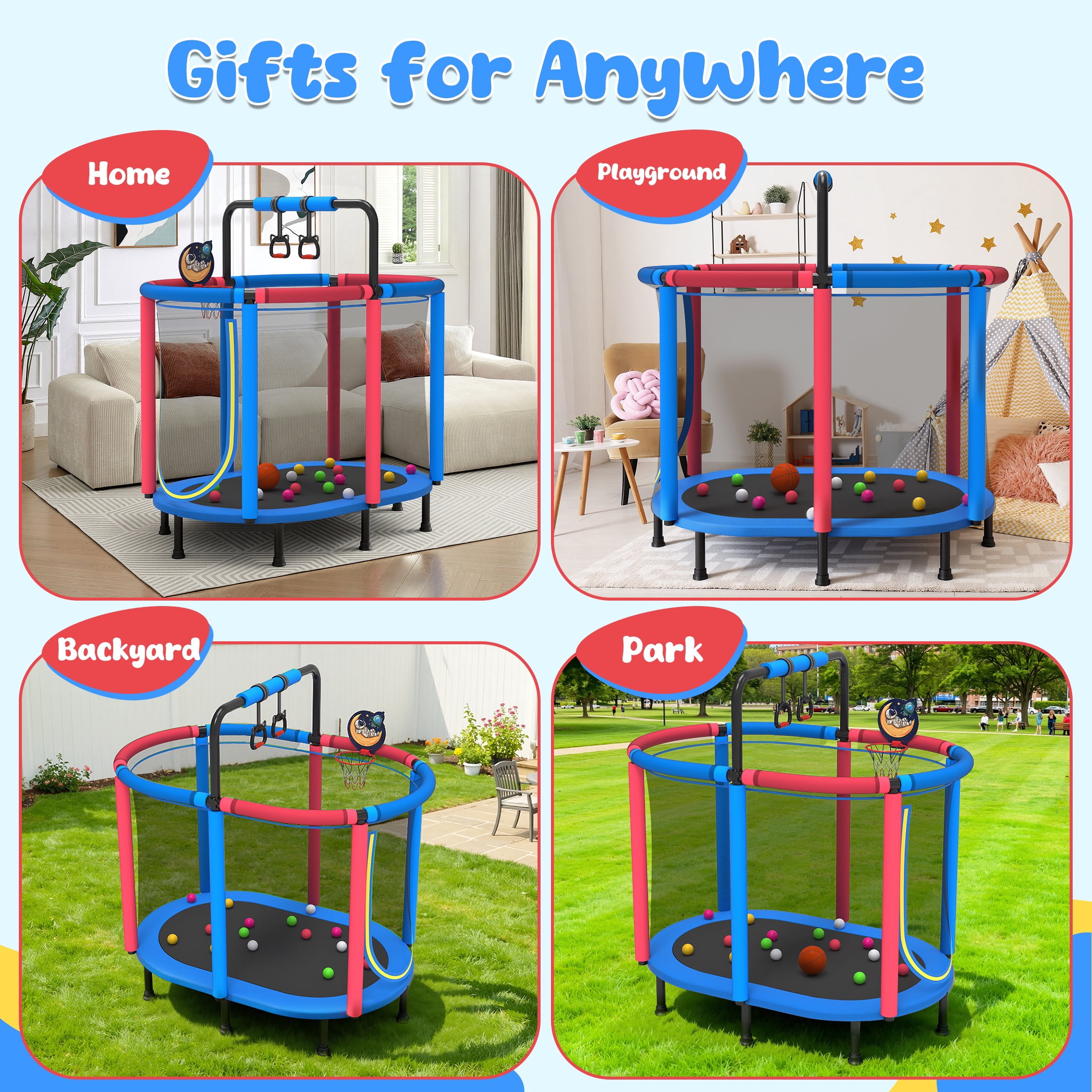 60" Trampoline for Kids with Basketball Hoop, SHINPT Recreational Trampolines with Safety Enclosure Net, Mini Outdoor Trampoline with Adjustable Gymnastics Bar, Easy Assembly, Outdoor, Indoor