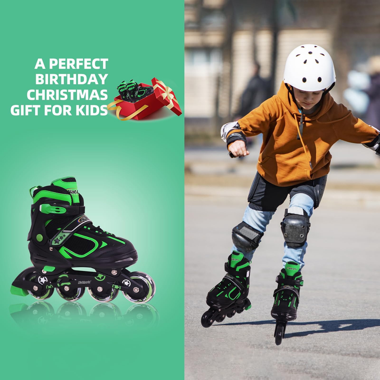 MammyGol Adjustable Inline Skates with Light-Up Wheels for Boys Girls Outdoor Sports, Comfort Youth Kids Skates Green 9-12
