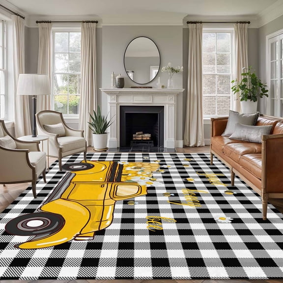 5'x7' Area Rugs for Living Room Bedroom, Yellow Truck Washable Rug Carpet Runner Indoor Outdoor, Farmhouse Bee Daisy Black White Buffalo Plaid Non Slip Floor Mats Area Rug for Kitchen, Nursery