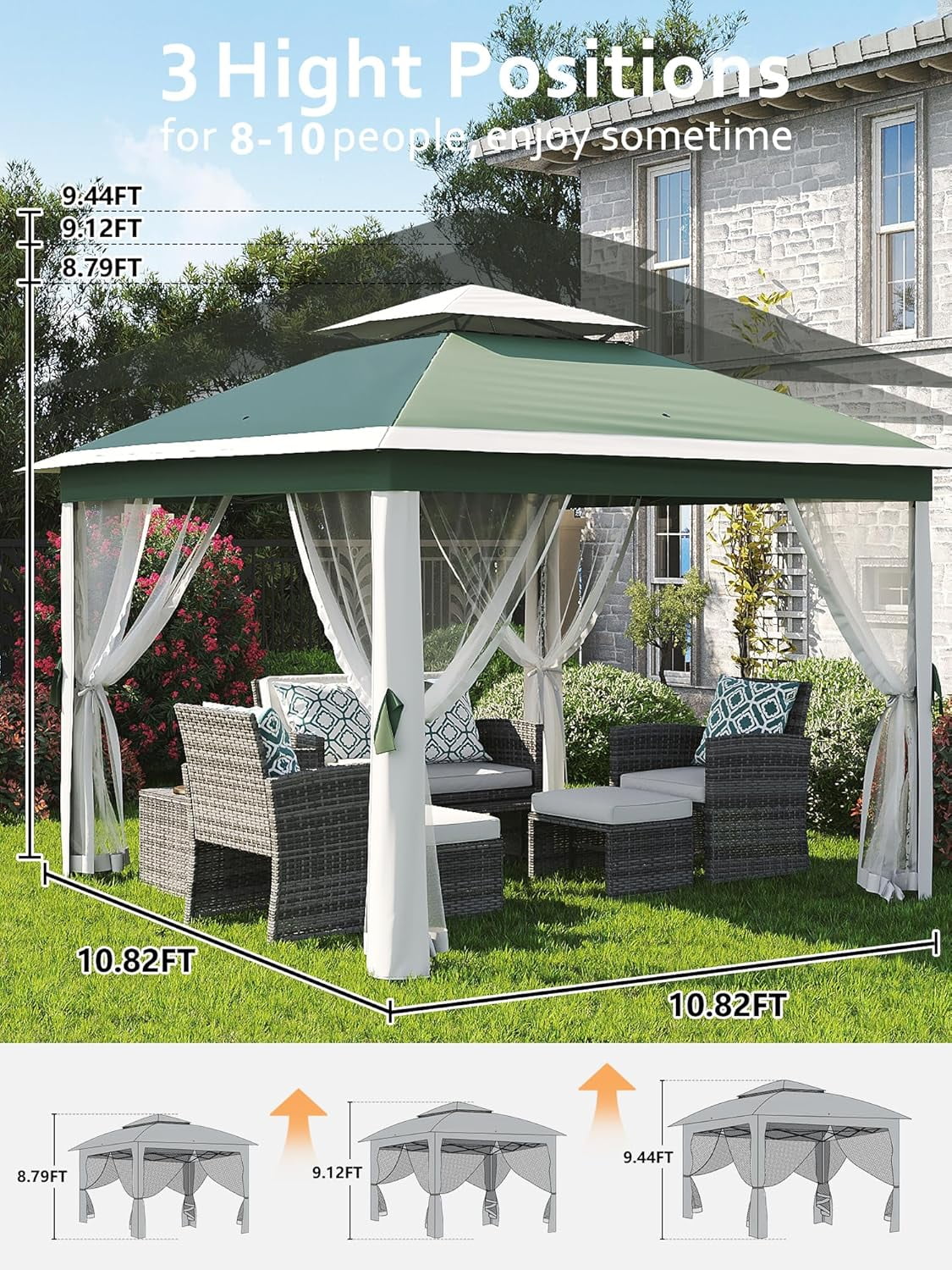 11'x11 Pop-Up Gazebo, Instant Outdoor Canopy Tent with Mosquito Nettings, Durable Steel Frame, Water, and UV Proof, for Patio, Garden, Courtyard, Party