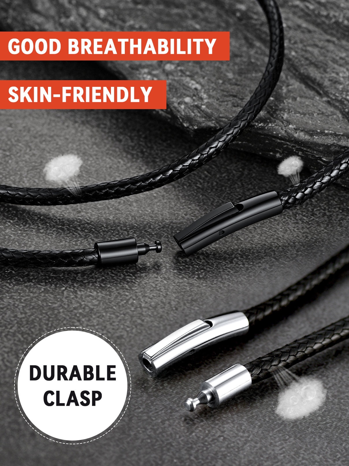 FaithHeart Braided Leather Cord Necklace for Men Women Stainless Steel Black Snap Clasp, 3MM Waterproof Black Woven Wax Rope Chain for Pendant Jewelry Gift for Boyfriend Valentine's Day