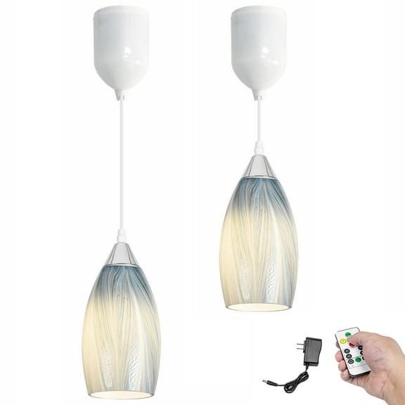 Kiven Battery Operated Pendant Light with Remote Control,Set of 2 Rechargeable Hanging Pendant Light Adjustable Height with Art Glass Globe for Bedroom Kitchen Bar Living Room TB3232-G