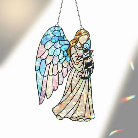 ViciArt Guardian Angel with Tuxedo Cat Acrylic Suncatcher, 4” Holographic Window Hanging, Pet Memorial Decor