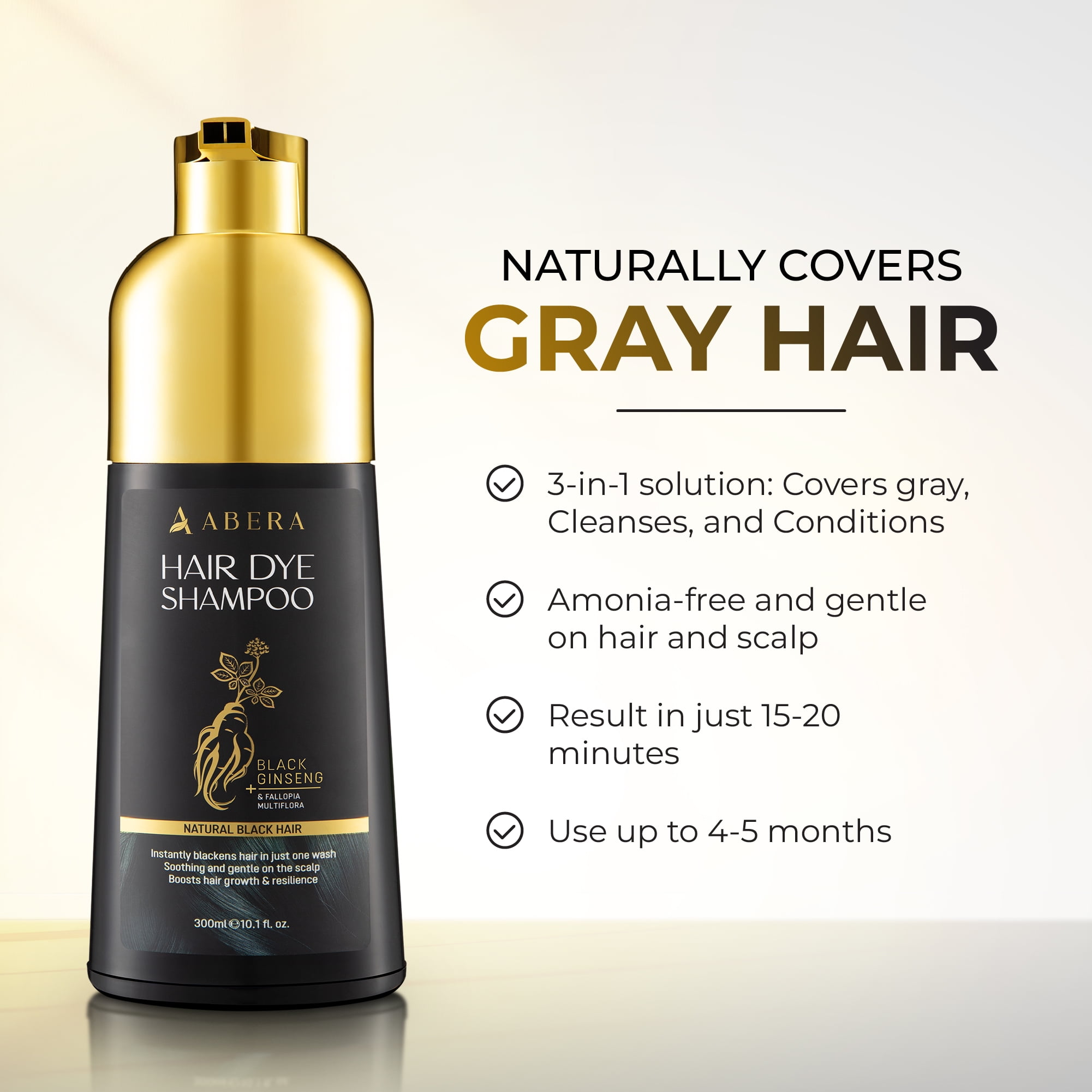 Abera Hair Dye Shampoo, Black Hair Color for Gray Coverage, Women & Men, Fade-Resistant, 10.1 fl oz