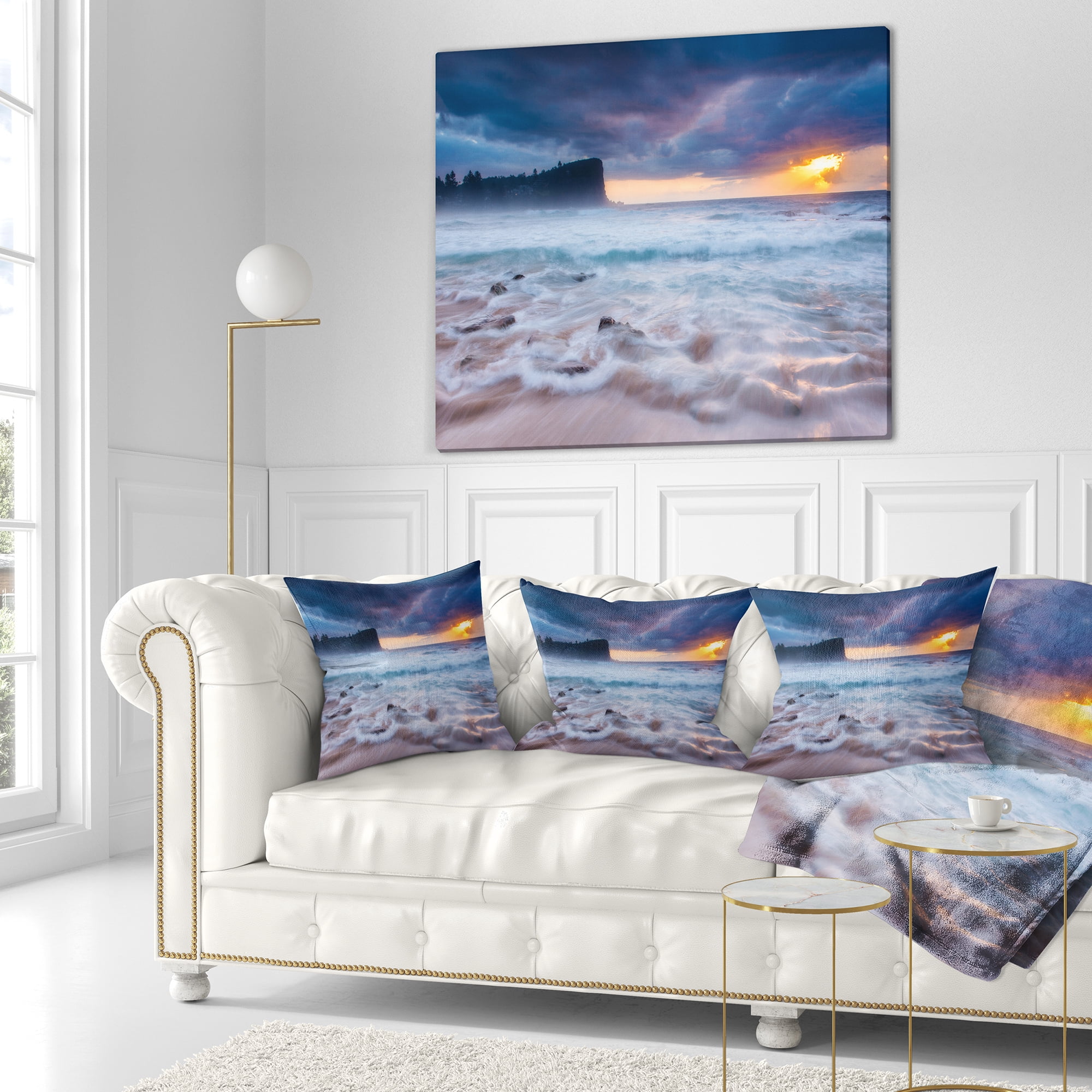 Designart Incredible Sunset with White Waves - Seashore Throw Pillow - 16x16