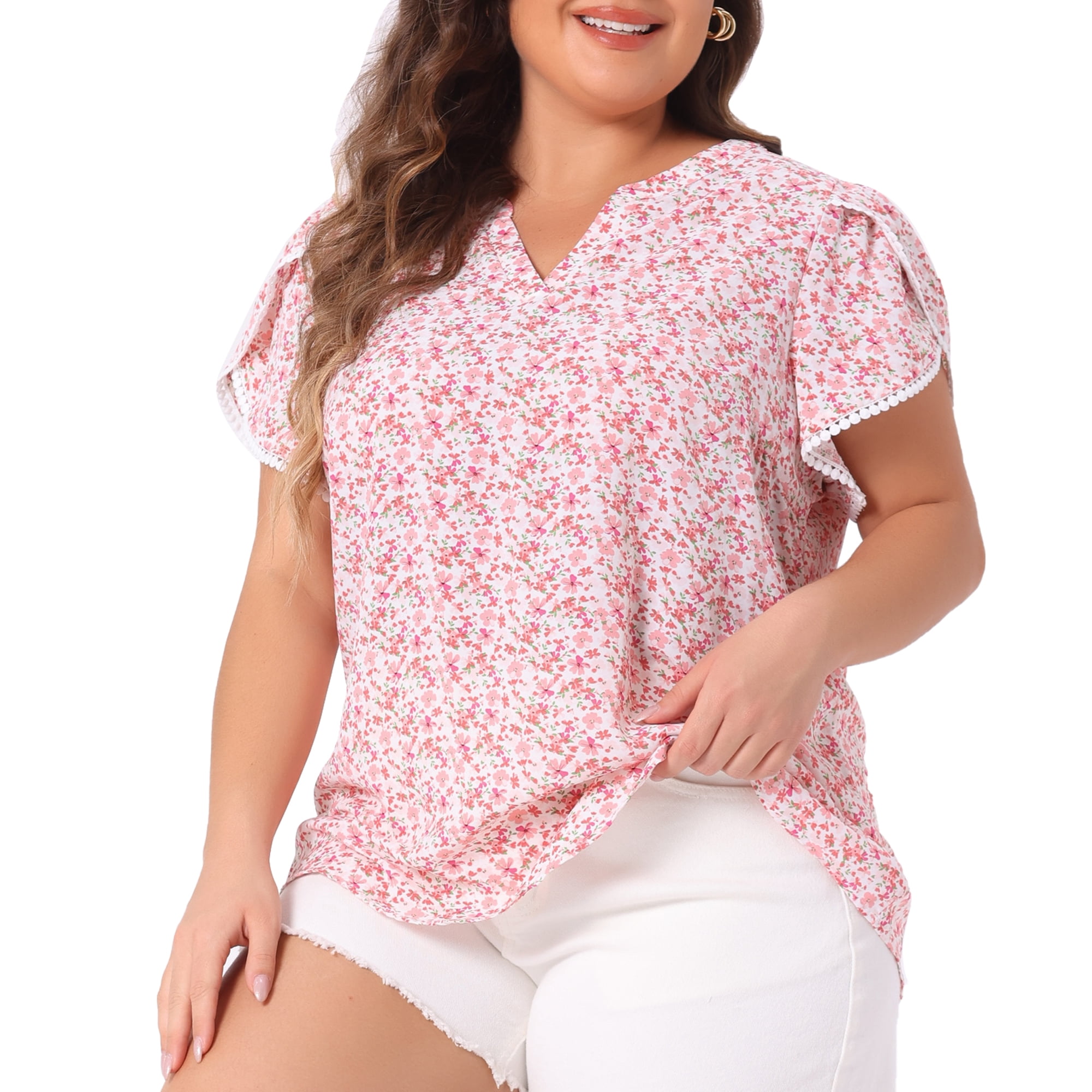 Women's Plus Tops Floral V Neck Tulip Sleeve T-Shirt Tee Summer Top 1X Pink