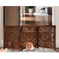 thumbnail image 2 of Homebia Designs Carved Wooden Dog Gate-Extra-Wide Freestanding Foldable Indoor Pet Barrier, Decorative Safety Gate for Dogs & Puppies, Perfect for Stairs, Doorways & Hallways-24x54 " Natural Burnt, 2 of 9