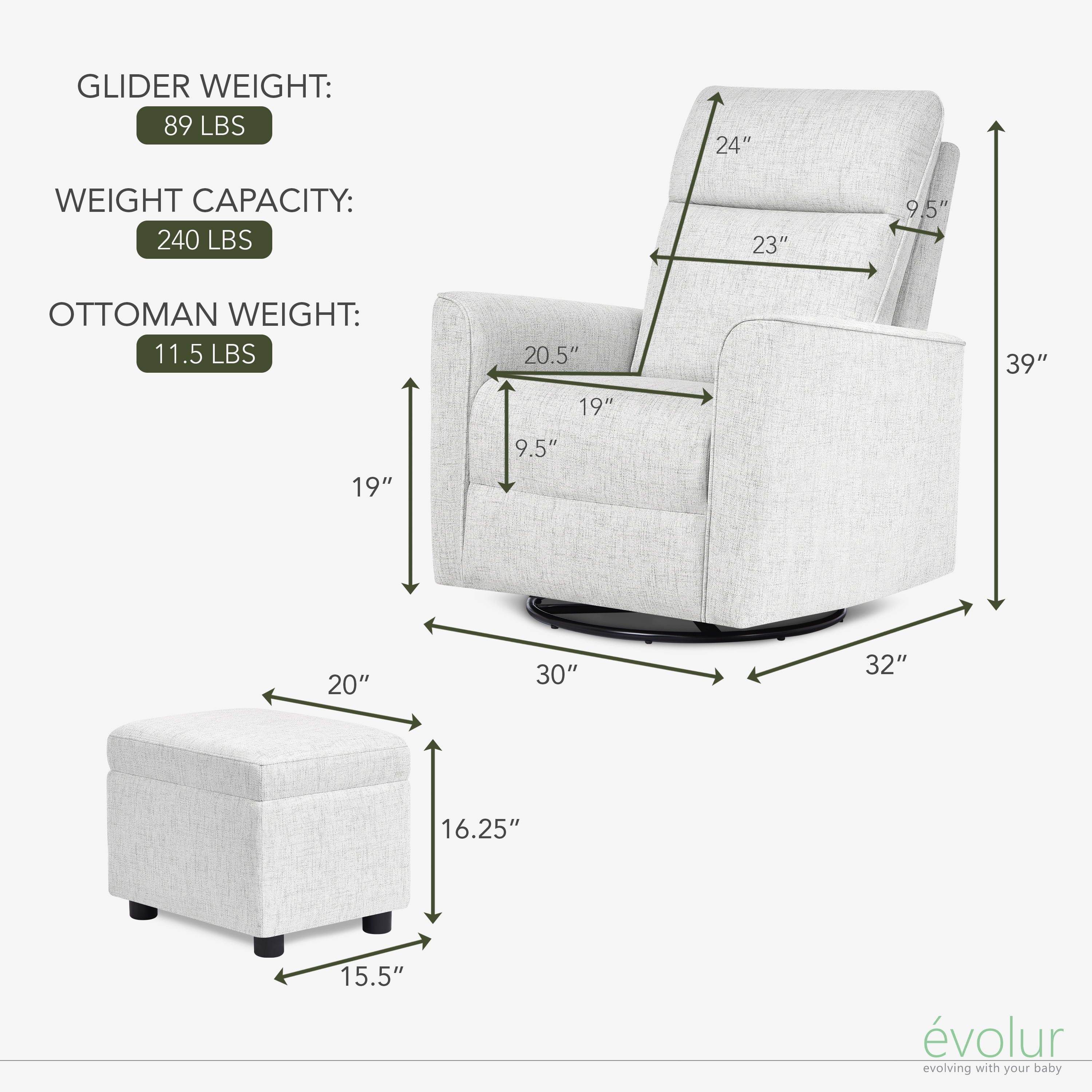 Evolur Aria Swivel Glider with Ottoman / Swivel Glider / Easy assembly Leisure Chair, Fog Grey