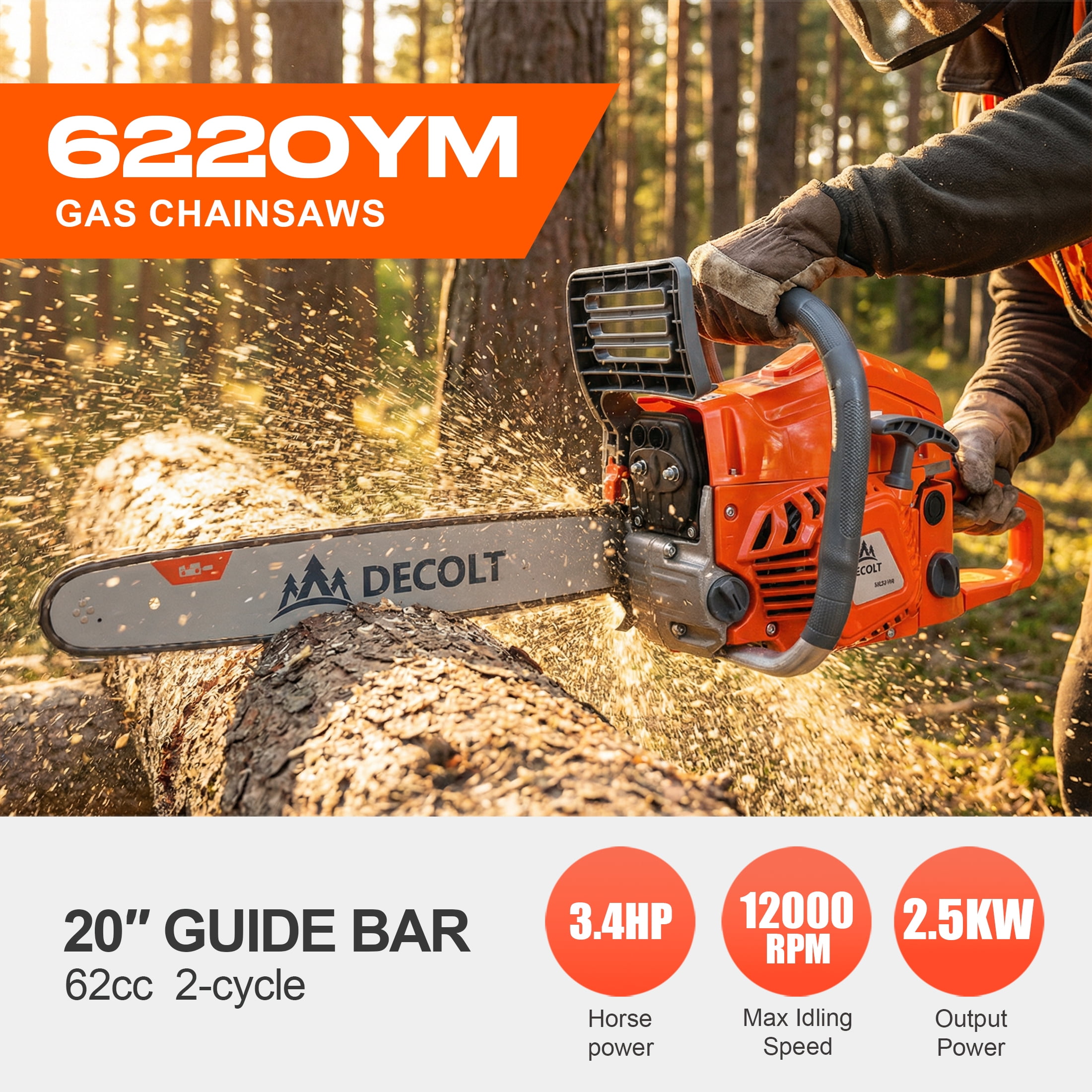62CC Gas Chainsaw 20” Powerful 2-Stroke Gasoline Chainsaw for Cutting Wood and Pruning Trees 6220YM