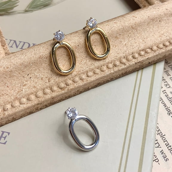 [Clip on] Cubic and Gold Silver Oval Stud Clip on Earrings