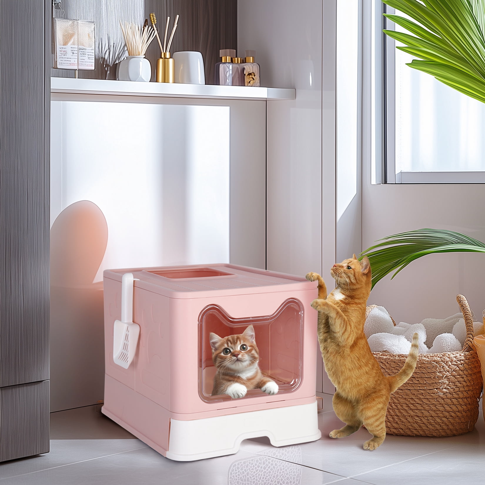 BingoPaw Cat Litter Box Pet Litter Boxes Toilet with Scoop Drawer Portable Foldable Pink