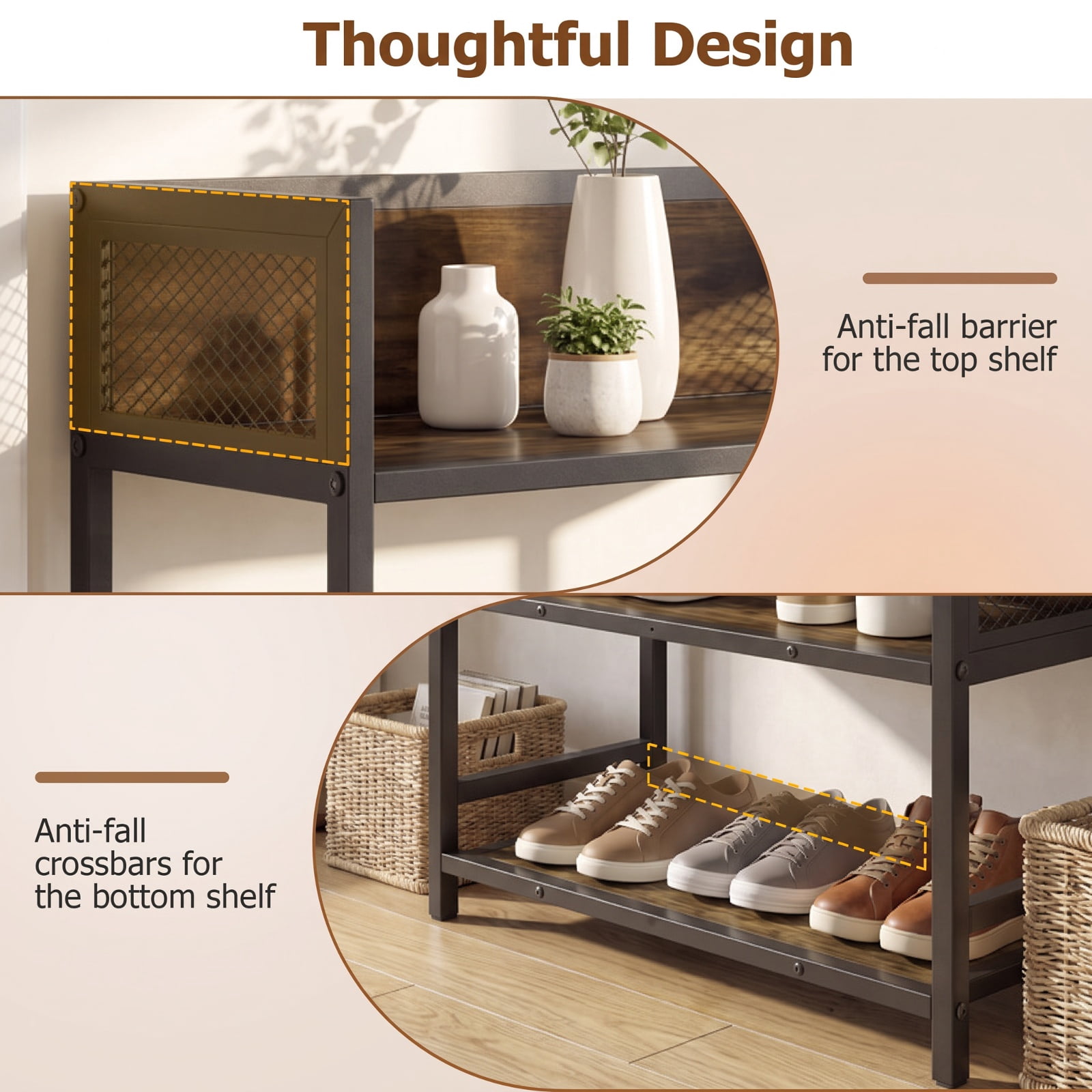 Furnibear 4 Tier Industrial Shoe Rack Organizer with Heavy Duty Metal Frame and Anti Toppling Kit for Entryway Hallway and Closet, Rustic Brown