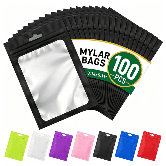 BPPEG 100Pcs Mylar Bags Resealable Black Small Smell Proof Bags 3.14X5.11|Sealable Packaging Bags Frosted Clear Window,Plastic Foil Zip Pouch Bags for Small Business Candy Treat Jewelry Food