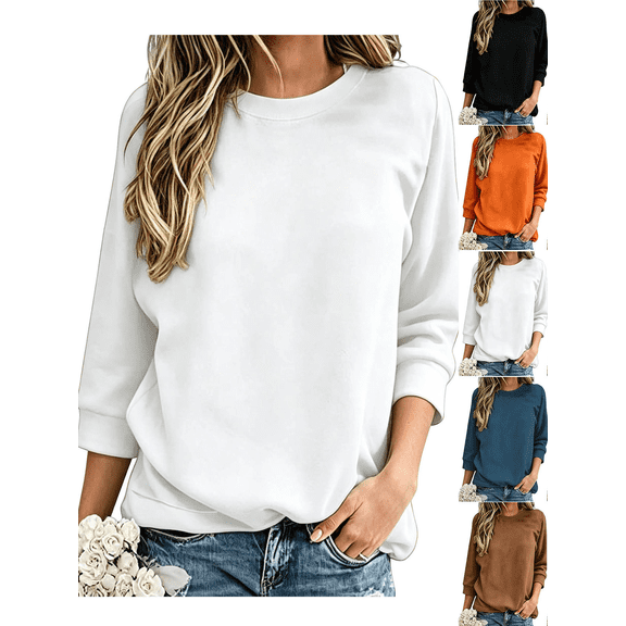 FEIIBMOYRIA Women's Sweatshirts Soft Fall Crew Neck Three Quarter Sleeve Pullover Shirts Loose Fit Casual Basic Daily Loungwear Layering Tops