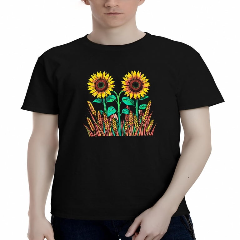 LNFAUEAPRINT Sunflower Sticker Art - Vibrant Summer Graphic Tee, Black ...