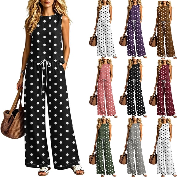 Two Piece Sets for Women Summer Outfits Fashion Polka Dots Printed Sleeveless Casual Crew Neck Tops Wide Leg Pants with Pockets Vacation Travel Outfits