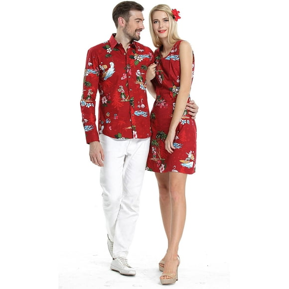 Couple Correspondant Hawaiian Luau Cruise Christmas Tenue Chemise Robe Santa Rouge