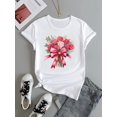 thumbnail image 3 of Valentine'S Day Floral Applique Women'S Short Sleeve T-Shirt, Casual Crew Neck, Polyester Knit Fabric, Regular Length, with Rose Bouquet Graphic Print, for Summer Wear - 1206, 3 of 6