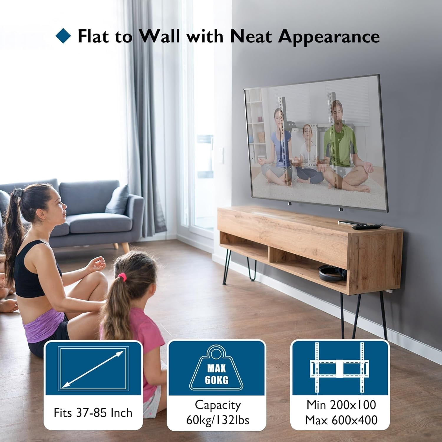 BONTEC TV Wall Mount for 37–85 Inch TVs, Tilting TV Mount Bracket for LED LCD OLED Flat Curved Screens, Low Profile 1.5in Design, Max VESA 600x400mm, Supports up to 132lbs, Fits 55 65 75 85 Inch