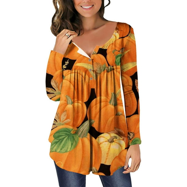 Blusa informal de manga larga con botones abiertos y cuello redondo para mujer, holgada, plisada, para Halloween Pompotops FGAJ4565