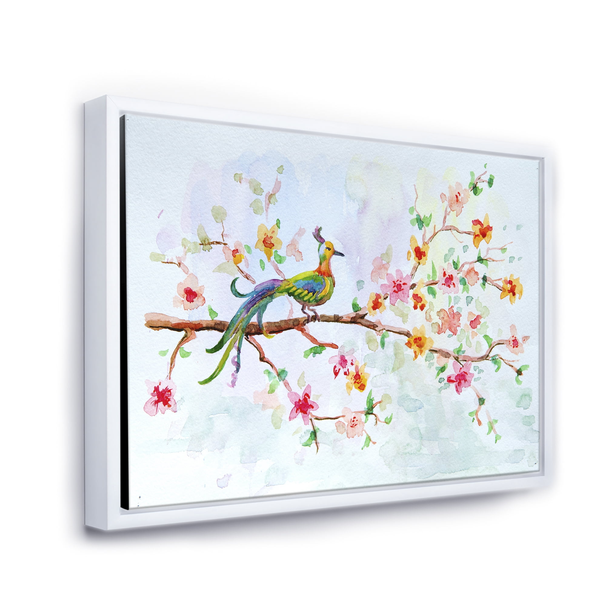 Designart 'Little Bird Sitting On Blooming Branch' Traditional Framed Canvas Wall Art Print