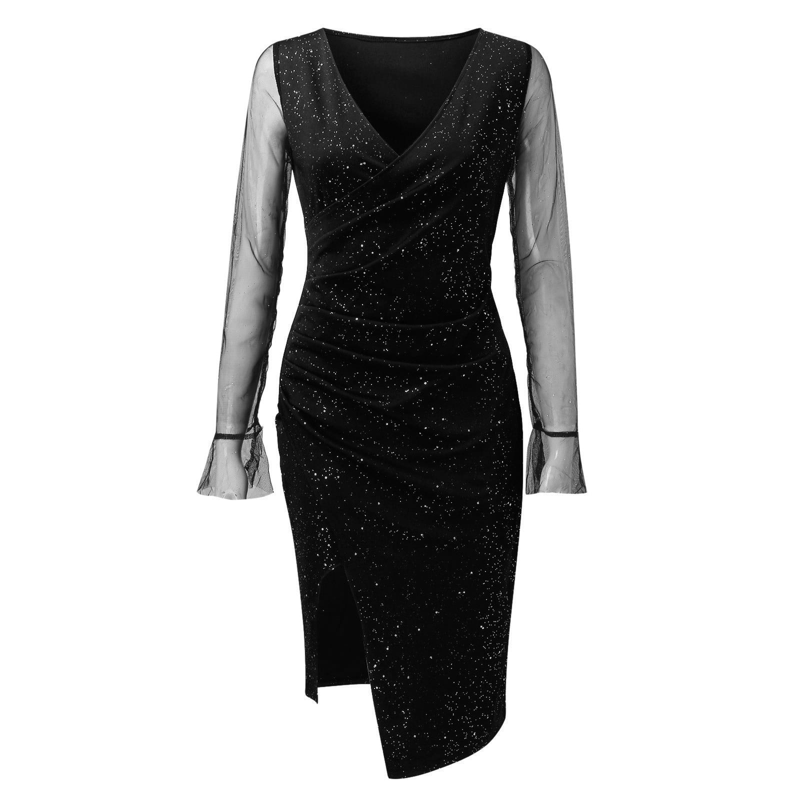 JIANJIA Casual Dresses For Womens Solid Color Sexy See Through Mesh Sheer Long Sleeve Bodycon Party Cocktail Dress Activewear,Black,L