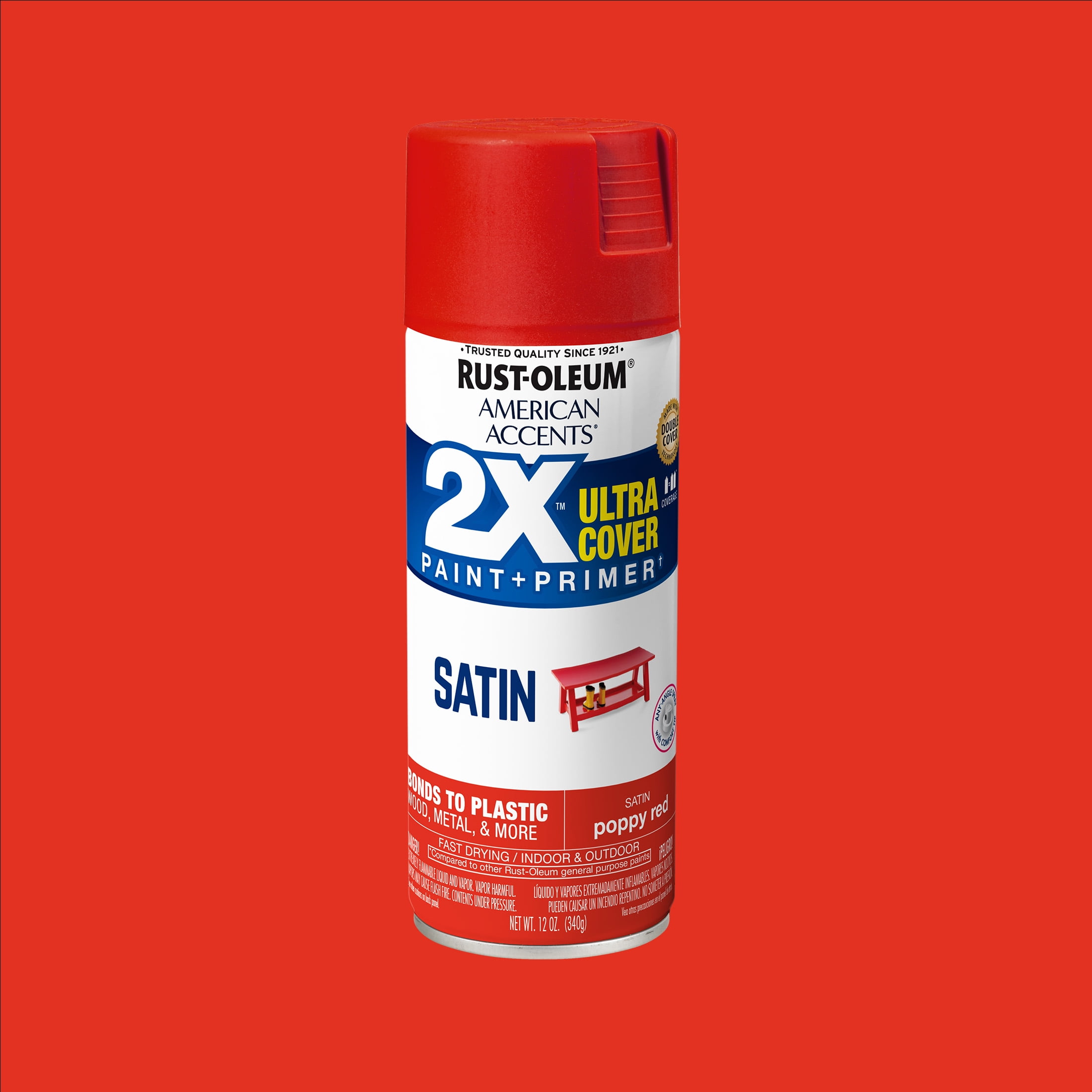 (2 pack) Poppy Red, Rust-Oleum American Accents 2X Ultra Cover Satin Spray Paint-327928, 12 oz