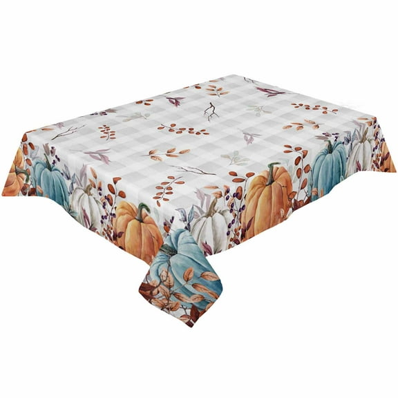 Blue Orange White Pumpkin Rectangle Tablecloths 52x70,Fall Thanksgiving Table Cloth Table Cover Indoor/Outdoor Tabletop Decor for Wedding Holiday Party Dinner Baby Shower Plaid Grey Leaf